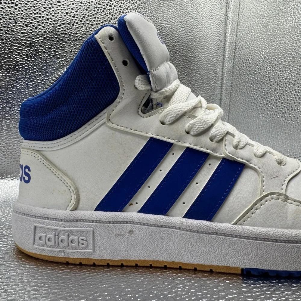 Size 4 Adidas Hoops 3.0 Mid Sneakers Kids White Blue Good IE0222 High Top